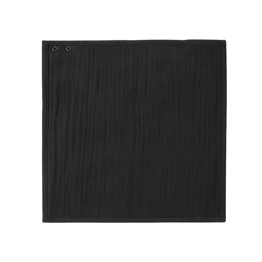 Black square bib on a white background